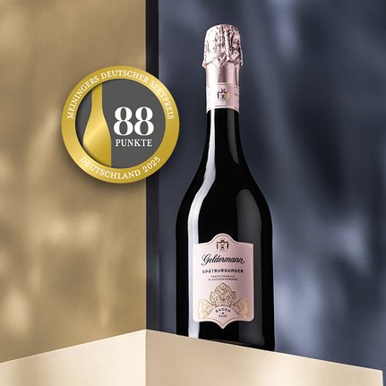 Eine Flasche des Geldermann Spätburgunder Rosé Baden Extra Brut mit der Medaille von Meiningers Deutscher Sektpreis 2025 