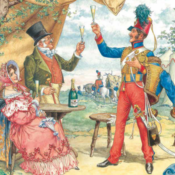 Zeichnung von zwei wohlhabenden Herren, die auf die Gründung von Deutz&Geldermann anstoßen, eine Dame schaut sitzend zu.