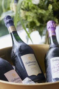Drei Flaschen Geldermann Sekt in einem goldenen Eiskübel, umgeben von Eiswürfeln und frischen grünen Pflanzen im Hintergrund.