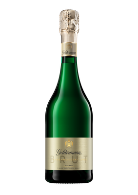 Die Flasche präsentiert sich in einem modernen Design, ideal für festliche Anlässe, mit dem Schriftzug 'Sekt Brut'.