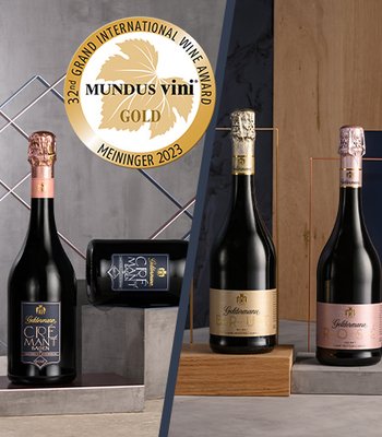 Drei edle Sektflaschen stehen auf einem stilvollen Tisch, umgeben von modernen geometrischen Formen und einem goldenen Award.