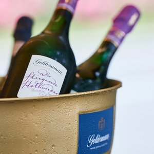 Die Kühlbox aus Gold enthält mehrere Flaschen Geldermann, die frisch und bereit für eine Feier wirken.