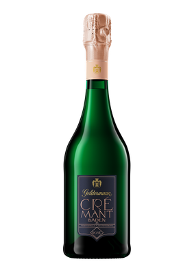 Eine elegante Flasche Crémant aus Baden mit einem kunstvollen Korken und einem stilvollen Etikett in dunklen Farben.