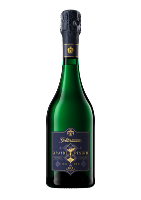 Dunkelgrüne Geldermann Grande Réserve-Flasche mit dunkelblauem Verschluss und Etikett