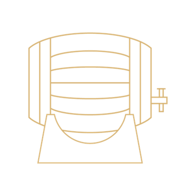 Ein stilisiertes Fass mit horizontalen Streifen, das auf einem stabilen Sockel steht, symbolisiert Lagerung und Reifung.