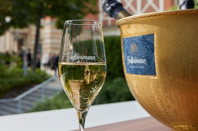 Das Glas Sekt, klar und sprudelnd, steht vor einem goldenen Eiskübel, während im Hintergrund Gäste in einem Garten zu sehen sind.