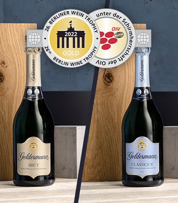 Zwei Flaschen Sekt von Geldermann stehen nebeneinander, eine mit dem Etikett 'Brut' und die andere 'Classique'.