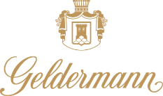 Geldermann-Logo in goldener, geschwungener Schrift mit stilisiertem Wappen 