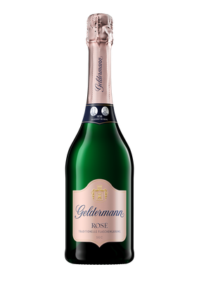 Eine elegante Flasche Geldermann Rosé-Sekt mit einem roségoldenen Korken und einem stilvollen Etikett, das Tradition ausstrahlt.