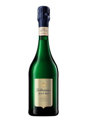 Die Flasche des Geldermann Grand Brut mit traditioneller Flaschengärung und einem ansprechenden, glänzenden Etikett.