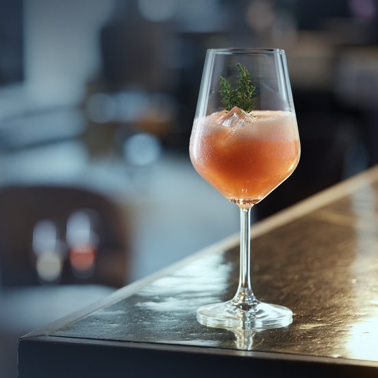 Auf einer polierten Theke steht ein Glas mit einem leuchtend orangefarbenen Getränk, das in einem modernen, gemütlichen Raum platziert ist.