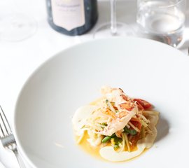 Ein kunstvoll angerichteter Teller mit zarten Garnelen, frischem Gemüse und einer cremigen Sauce auf einem weißen Hintergrund.