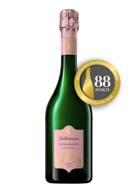 Eine Flasche des Geldermann Spätburgunder Rosé Baden Extra Brut mit der Medaille von Meiningers Deutscher Sektpreis 2025