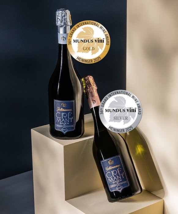 Jeweils eine Flasche des Geldermann Crémant Baden Brut und Geldermann Crémant Baden Rosé Brut, beide ausgezeichnet beim Mundus Vini Spring Tasting 2025