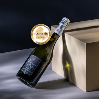 Die Flasche Crémant Baden, gekrönt mit einem silbernen Korken, reflektiert sanft das Licht auf einer neutralen Oberfläche.