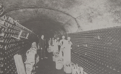 Eine Gruppe von Menschen in weißen Schürzen sortiert Flaschen in einem langen, schmalen Weinkeller mit steinernen Wänden.