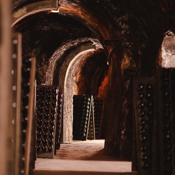 Geldermann-Weinkeller mit gewölbten Decken und Reihen von Sekt-Flaschen auf Holzregalen