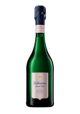 Die Flasche Geldermann Grand Rosé zeigt ein stilvolles Design mit einer goldenen und blauen Etikette, ideal für besondere Feiern.