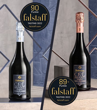 Zwei Flaschen Sekt stehen auf einem stilvollen Hintergrund, eine mit silberner Kappe und die andere mit roségoldener Kappe.