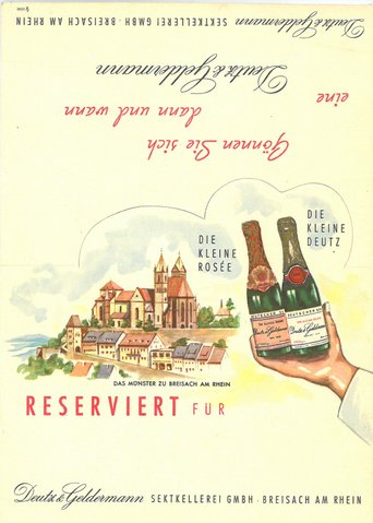 Die Illustration zeigt eine Hand, die zwei Flaschen Sekt präsentiert, mit dem Münster von Breisach als malerische Kulisse.