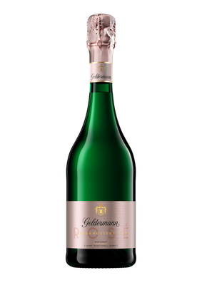 Eine elegante Flasche Geldermann Rosé Sekt mit einem schimmernden, roségoldenen Korken und einem stilvollen Etikett.