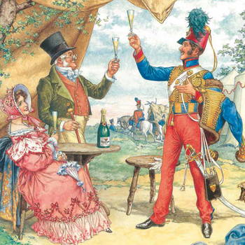 Zeichnung von zwei wohlhabenden Herren, die auf die Gründung von Deutz&Geldermann anstoßen, eine Dame schaut sitzend zu.