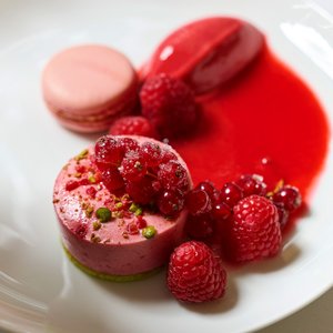 Geldermann Soirée Rosé: Johann Lafers Kreation Beerentörtchen mit Himbeersorbet auf einem weißen Teller