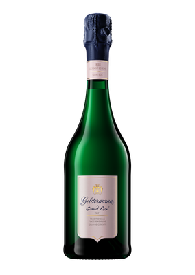 Die Flasche Geldermann Grand Rosé zeigt ein stilvolles Design mit einer goldenen und blauen Etikette, ideal für besondere Feiern.