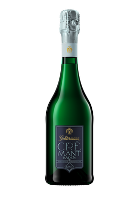 Eine elegante Flasche Crémant aus Baden mit einem grünen Glas und einem kunstvoll gestalteten Korkenverschluss.